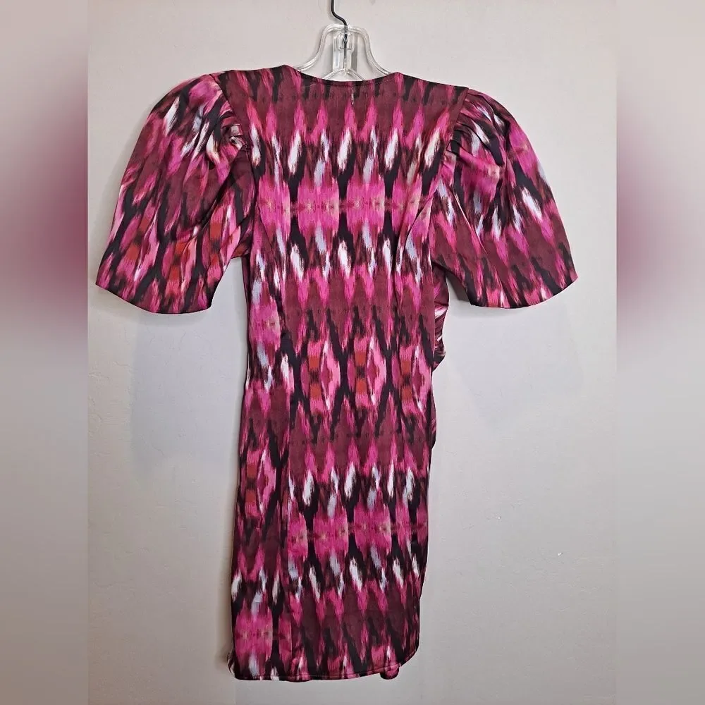 Misa Amina Pink Printed Puff Sleeve Mini Wrap Dress NWT Size Extra Small